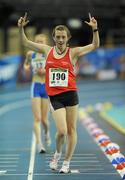 19 February 2011; Laura Reynolds, Mohill AC, celebrates after winning the Women's 3000m Walk from Kate Veale, West Waterford AC. AAI Senior Indoor Athletics Championship, Odyssey Arena, Belfast, Co. Antrim. Picture credit: Brendan Moran / SPORTSFILE