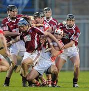 19 February 2011; Clarinbridge players from left Eoin Forde, Stephen Forde and Brian Burke in action against by Kevin Moran and Stephen Daniels, De La Salle. AIB GAA Hurling All-Ireland Senior Club Championship Semi-Final, Clarinbridge v De La Salle, Semple Stadium, Thurles, Co. Tipperary. Picture credit: Matt Browne / SPORTSFILE