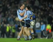 19 February 2011; Dublin full-back, Tomás Brady, and Ruari Treanor celebrate after the game. Allianz Hurling League, Division 1 Round 2, Dublin v Tipperary, Croke Park, Dublin. Picture credit: Ray McManus / SPORTSFILE