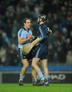 19 February 2011; Dublin goalkeeper, Gary Maguire, and full-back, Tomás Brady, celebrate after the game. Allianz Hurling League, Division 1 Round 2, Dublin v Tipperary, Croke Park, Dublin. Picture credit: Ray McManus / SPORTSFILE