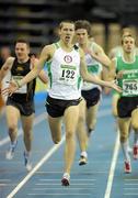 20 February 2011; Paul Robinson, St Coca's AC, celebrates as he crosses the line to win the Men's 1500m Final. AAI Senior Indoor Athletics Championships, Odyssey Arena, Belfast, Co. Antrim. Picture credit: Brendan Moran / SPORTSFILE