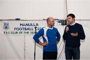 8 October 2016; Kevin Kilbane, Aviva’s FAI Junior Cup Ambassador, paid a trip to Manulla FC to present them with a squad signed Republic of Ireland framed jersey and €1,500 worth of kit and equipment as part of Aviva’s continued support of Junior football clubs through their sponsorship of the FAI Junior Cup. Pictured are former Republic of Ireland player Kevin Kilbane, right, in conversation with Trevor Ruane, Manulla FC Chairman. Manulla FC in Manulla, Co Mayo. Photo by Sam Barnes/Sportsfile