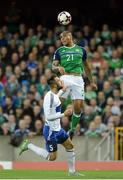 8 October 2016; Josh Magennis of Northern Ireland in action against Fabio Vitaiol of San Marino during the FIFA World Cup Group C Qualifier match between Northern Ireland and San Marino at Windsor Park in Belfast. Photo by Oliver McVeigh/Sportsfile