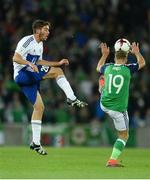 8 October 2016; Jamie Ward of Northern Ireland in action against Luca Tosi of San Marino during the FIFA World Cup Group C Qualifier match between Northern Ireland and San Marino at Windsor Park in Belfast. Photo by Oliver McVeigh/Sportsfile