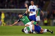 8 October 2016; Stuart Dallas of Northern Ireland in action against Mattia Stefanelli of San Marino during the FIFA World Cup Group C Qualifier match between Northern Ireland and San Marino at Windsor Park in Belfast. Photo by David Fitzgerald/Sportsfile