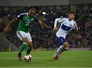 8 October 2016; Josh Magennis of Northern Ireland in action against Matteo Vitaloli of San Marino during the FIFA World Cup Group C Qualifier match between Northern Ireland and San Marino at Windsor Park in Belfast. Photo by David Fitzgerald/Sportsfile