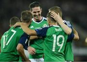 8 October 2016; Jamie Ward of Northern Ireland centre, celebartes with team mates after scoring his sides third goal during the FIFA World Cup Group C Qualifier match between Northern Ireland and San Marino at Windsor Park in Belfast. Photo by Oliver McVeigh/Sportsfile