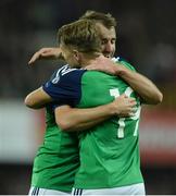 8 October 2016; Jamie Ward of Northern Ireland centre, celebartes with Niall McGinn after scoring his sides third goal during the FIFA World Cup Group C Qualifier match between Northern Ireland and San Marino at Windsor Park in Belfast. Photo by Oliver McVeigh/Sportsfile