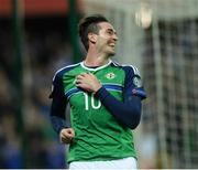 8 October 2016; Kyle Lafferty of Northern Ireland celebrates after scoring his sides fourth goal during the FIFA World Cup Group C Qualifier match between Northern Ireland and San Marino at Windsor Park in Belfast. Photo by Oliver McVeigh/Sportsfile