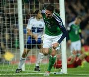 8 October 2016; Kyle Lafferty of Northern Ireland celebrates after scoring his sides fourth goal during the FIFA World Cup Group C Qualifier match between Northern Ireland and San Marino at Windsor Park in Belfast. Photo by Oliver McVeigh/Sportsfile