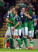 8 October 2016; Jamie Ward, right, of Northern Ireland is congratulated by team mate Kyle Lafferty after scoring his side's second goal during the FIFA World Cup Group C Qualifier match between Northern Ireland and San Marino at Windsor Park in Belfast. Photo by David Fitzgerald/Sportsfile