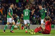 8 October 2016; Jamie Ward, centre, of Northern Ireland is congratulated by Steven Davis, right, after scoring his side's second goal during the FIFA World Cup Group C Qualifier match between Northern Ireland and San Marino at Windsor Park in Belfast. Photo by David Fitzgerald/Sportsfile