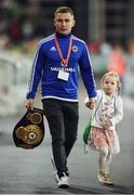 8 October 2016; WBA and IBF boxing champion Carl Frampton MBE with his daughter Carla during the FIFA World Cup Group C Qualifier match between Northern Ireland and San Marino at Windsor Park in Belfast. Photo by David Fitzgerald/Sportsfile