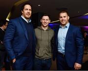 8 October 2016; In attendance in the Leinster Rugby Blue Room before the Guinness PRO12 Round 6 match between Leinster and Munster at the Aviva Stadium, are Leinster players Mike McCarthy, left, and Sean O'Brien, right, with Dubin footballer Philly McMahon. Photo by Brendan Moran/Sportsfile