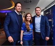 8 October 2016; In attendance in the Leinster Rugby Blue Room before the Guinness PRO12 Round 6 match between Leinster and Munster at the Aviva Stadium, are Leinster players Mike McCarthy, left, and Sean O'Brien, right, with Michelle Mahon, from Enfield, Co. Kildare. Photo by Brendan Moran/Sportsfile