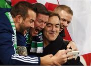 8 October 2016; Actor James Nesbitt poses for a photo with Northern Irish fans ahead of the FIFA World Cup Group C Qualifier match between Northern Ireland and San Marino at Windsor Park in Belfast. Photo by David Fitzgerald/Sportsfile