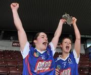 20 February 2011; Ann Dalton, left, Waterford IT captain, celebrates with her team-mate Collette Dormer with the Ashbourne cup at the end of the game. Ashbourne Cup Final, University College Cork v Waterford IT, Pearse Stadium, Salthill, Galway. Picture credit: David Maher / SPORTSFILE