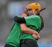 20 February 2011; Louise McAleese, right, Queens University Belfast, celebrates with her team-mate Orla  McGillan at the end of the game. Purcell Cup Final, DCU v Queens University Belfast, Pearse Stadium, Salthill, Galway. Picture credit: David Maher / SPORTSFILE