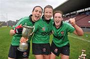 20 February 2011; Queens University Belfast players, left to right, Mairead Short, Collette McSoley and Anne McGuigan celebrate with the cup. Purcell Cup Final, DCU v Queens University Belfast, Pearse Stadium, Salthill, Galway. Picture credit: David Maher / SPORTSFILE