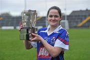 20 February 2011; Ann Dalton, Waterford IT captain, celebrates with the Ashbourne cup at the end of the game. Ashbourne Cup Final, University College Cork v Waterford IT, Pearse Stadium, Salthill, Galway. Picture credit: David Maher / SPORTSFILE