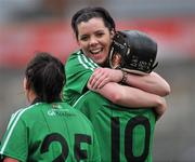 20 February 2011; Keelin Bradley, left, Queens University Belfast, celebrates with team-mate Eilish Ni Caiside after the game. Purcell Cup Final, DCU v Queens University Belfast, Pearse Stadium, Salthill, Galway. Picture credit: David Maher / SPORTSFILE