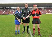 20 February 2011; Referee Fintan McNamara with captains Ann Dalton, left, Waterford IT, and Grainne Kenneally, University College Cork. Ashbourne Cup Final, University College Cork v Waterford IT, Pearse Stadium, Salthill, Galway. Picture credit: David Maher / SPORTSFILE