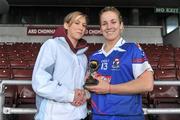 20 February 2011; Katrina Parrock, Waterford IT, is presented with the player of the match award by Niamh Kilkenny. Ashbourne Cup Final, University College Cork v Waterford IT, Pearse Stadium, Salthill, Galway. Picture credit: David Maher / SPORTSFILE