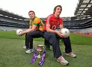 22 February 2011; Pictured at the launch of the Cadbury GAA Football U21 All-Ireland Championship in Croke Park are footballers Aidan Walsh, right, Cork, and Dermot Molloy, Donegal. Cadbury are delighted to announce that Kerry legend Darragh O Sé will be added to the judging panel for this year’s Hero of the Future Awards which recognise the outstanding talent of the Cadbury GAA U21 Championship. Past winners of the award include Keith Higgins, Mayo, Fintan Goold, Cork, Killian Young, Kerry, Colm O’Neill, Cork, and Rory O’Carroll, Dublin. For more details log onto www.cadburygaau21.com or join Cadbury GAA Football on facebook. Cadbury GAA Under 21 Football Launch, Croke Park, Dublin. Picture credit: David Maher / SPORTSFILE