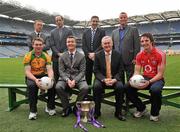 22 February 2011; Pictured at the launch of the Cadbury GAA Football U21 All-Ireland Championship in Croke Park are, front row left right, Dermot Molloy, Donegal, Shane Guest, Senior Brand manager Cadbury, Uachtarán CLG Criostóir Ó Cuana and Aidan Walsh, Cork. Back row, left to right, Cadbury Hero of the Future judges Michael O'Domhnaill, Dermot Earley, Darragh O Sé and Paul Caffrey. Cadbury are delighted to announce that Kerry legend Darragh O Sé will be added to the judging panel for this year’s Hero of the Future Awards which recognise the outstanding talent of the Cadbury GAA U21 Championship. Past winners of the award include Keith Higgins, Mayo, Fintan Goold, Cork, Killian Young, Kerry, Colm O’Neill, Cork, and Rory O’Carroll, Dublin. For more details log onto www.cadburygaau21.com or join Cadbury GAA Football on facebook. Cadbury GAA Under 21 Football Launch, Croke Park, Dublin. Picture credit: David Maher / SPORTSFILE
