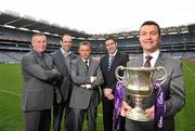 22 February 2011; Pictured at the launch of the Cadbury GAA Football U21 All-Ireland Championship in Croke Park are Shane Guest, right, Senior Brand Manager Cadbury, with Cadbury Hero of the Future judges, from left to right, Paul Caffrey, Dermot Earley, Michael O'Domhnaill and Darragh O Sé. Cadbury are delighted to announce that Kerry legend Darragh O Sé will be added to the judging panel for this year’s Hero of the Future Awards which recognise the outstanding talent of the Cadbury GAA U21 Championship. Past winners of the award include Keith Higgins, Mayo, Fintan Goold, Cork, Killian Young, Kerry, Colm O’Neill, Cork, and Rory O’Carroll, Dublin. For more details log onto www.cadburygaau21.com or join Cadbury GAA Football on facebook. Cadbury GAA Under 21 Football Launch, Croke Park, Dublin. Picture credit: David Maher / SPORTSFILE