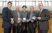 22 February 2011; Author Irial Glynn, centre, alongside, from left, Ciaran McManus, Cathal Young, Eugene McGee, and Dr. Hugh Brady at the launch of &quot;UCD and the Sigerson&quot; by Irial Glynn. UCD, Belfield, Dublin. Photo by Sportsfile
