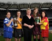 22 February 2011; The All Ireland Club Camogie Finals return to Croke Park after a break of almost forty years and President Joan O'Flynn is urging camogie fans to get behind the event and mark the historic occassion. The double header fixture takes place on March 6th with Eoghan Rua of Derry meeting The Harps of Laois in the intermediate Final while Cork champions Inniscarra face Killimor of Galway in the senior encounter. At the announcement is Joan O'Flynn, President of the Camogie Association, with team captains, from left, Karen Jones, Inniscarra, Eimear Haverty, Killimor, Méabh McGoldrick, Eoghan Rua, and Elaine Cuddy, The Harps. All-Ireland Camogie Club Championship Final Captains Media Day, Croke Park, Dublin. Picture credit: Brian Lawless / SPORTSFILE