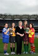 22 February 2011; The All Ireland Club Camogie Finals return to Croke Park after a break of almost forty years and President Joan O'Flynn is urging camogie fans to get behind the event and mark the historic occassion. The double header fixture takes place on March 6th with Eoghan Rua of Derry meeting The Harps of Laois in the intermediate Final while Cork champions Inniscarra face Killimor of Galway in the senior encounter. At the announcement is Joan O'Flynn, President of the Camogie Association, with team captains, from left, Karen Jones, Inniscarra, Eimear Haverty, Killimor, Méabh McGoldrick, Eoghan Rua, and Elaine Cuddy, The Harps. All-Ireland Camogie Club Championship Final Captains Media Day, Croke Park, Dublin. Picture credit: Brian Lawless / SPORTSFILE