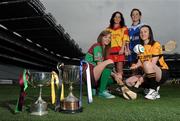 22 February 2011; The All Ireland Club Camogie Finals return to Croke Park after a break of almost forty years and President Joan O'Flynn is urging camogie fans to get behind the event and mark the historic occassion. The double header fixture takes place on March 6th with Eoghan Rua of Derry meeting The Harps of Laois in the intermediate Final while Cork champions Inniscarra face Killimor of Galway in the senior encounter. At the announcement are team captains, from left, Méabh McGoldrick, Eoghan Rua, Elaine Cuddy, The Harps, Karen Jones, Inniscarra, and Eimear Haverty, Killimor. All-Ireland Camogie Club Championship Final Captains Media Day, Croke Park, Dublin. Picture credit: Brian Lawless / SPORTSFILE