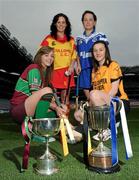 22 February 2011; The All Ireland Club Camogie Finals return to Croke Park after a break of almost forty years and President Joan O'Flynn is urging camogie fans to get behind the event and mark the historic occassion. The double header fixture takes place on March 6th with Eoghan Rua of Derry meeting The Harps of Laois in the intermediate Final while Cork champions Inniscarra face Killimor of Galway in the senior encounter. At the announcement are team captains, from left, Méabh McGoldrick, Eoghan Rua, Elaine Cuddy, The Harps, Karen Jones, Inniscarra, and Eimear Haverty, Killimor. All-Ireland Camogie Club Championship Final Captains Media Day, Croke Park, Dublin. Picture credit: Brian Lawless / SPORTSFILE