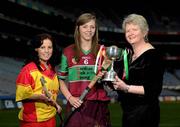 22 February 2011; The All Ireland Club Camogie Finals return to Croke Park after a break of almost forty years and President Joan O'Flynn is urging camogie fans to get behind the event and mark the historic occassion. The double header fixture takes place on March 6th with Eoghan Rua of Derry meeting The Harps of Laois in the intermediate Final while Cork champions Inniscarra face Killimor of Galway in the senior encounter. At the announcement is Joan O'Flynn, President of the Camogie Association, with Intermediate team captains  Elaine Cuddy, The Harps, left, and Méabh McGoldrick, Eoghan Rua. All-Ireland Camogie Club Championship Final Captains Media Day, Croke Park, Dublin. Picture credit: Brian Lawless / SPORTSFILE