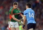 1 October 2016; Diarmuid Connolly of Dublin and Lee Keegan of Mayo tussle during the GAA Football All-Ireland Senior Championship Final Replay match between Dublin and Mayo at Croke Park in Dublin. Photo by Piaras Ó Mídheach/Sportsfile