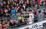 1 October 2016; David Clarke of Mayo is encouraged by team-mate Lee Keegan, left, as he makes his way to replace team-mate Rob Hennelly in goals to face a second half penalty during the GAA Football All-Ireland Senior Championship Final Replay match between Dublin and Mayo at Croke Park in Dublin. Photo by Piaras Ó Mídheach/Sportsfile