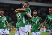 9 October 2016; Shane Long of Republic of Ireland celebrates after scoring his side's first goal with team mate Stephen Ward during the FIFA World Cup Group D Qualifier match between Moldova and Republic of Ireland at Stadionul Zimbru in Chisinau, Moldova. Photo by David Maher/Sportsfile
