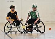 8 October 2016; Alex Hennebry of Leinster in action against Conn Nagle of Ulster during the M. Donnelly GAA Wheelchair Hurling Interprovincial All-Ireland Finals at I.T. Blanchardstown in Blanchardstown, Dublin. Photo by Sportsfile