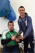 8 October 2016; Former Kilkenny goalkeeper David Herity making a presentation to Leinster captain Lorcan Madden following their final victory over Ulster in the M. Donnelly GAA Wheelchair Hurling Interprovincial All-Ireland Finals at I.T. Blanchardstown in Blanchardstown, Dublin. Photo by Sportsfile