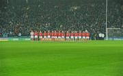 19 February 2011; The Cork team stand for the National Anthem. Allianz Football League, Division 1 Round 2, Dublin v Cork, Croke Park, Dublin. Picture credit: Ray McManus / SPORTSFILE