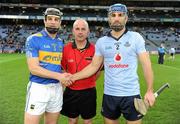 19 February 2011; The Dublin captain Stephen Hiney with the Tipperary captain Paul Curran and referee John Sexton. Allianz Hurling League, Division 1 Round 2, Dublin v Tipperary, Croke Park, Dublin. Picture credit: Ray McManus / SPORTSFILE