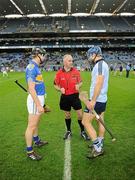 19 February 2011; Referee John Sexton with the Dublin, Stephen Hiney, and Tipperary, Paul Curran, captains. Allianz Hurling League, Division 1 Round 2, Dublin v Tipperary, Croke Park, Dublin. Picture credit: Ray McManus / SPORTSFILE