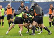 23 February 2011; Ireland's Luke Fitzgerald is tackled by Paddy Wallace and Mike Ross during squad training ahead of their RBS Six Nations Rugby Championship match against Scotland on Sunday. Ireland Rugby Squad Training, RDS, Ballsbridge, Dublin. Picture credit: Brendan Moran / SPORTSFILE