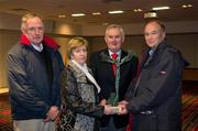 19 February 2011; Dr. Con Murphy, Mrs. Philomena McGuinness, Uachtarán Cumann Lúthchleas Gael Criostóir Ó Cuana and Dr. David Hickey at an event to honour organ donor and former Leitrim footballer Philip McGuinness who passed away while playing for his club Melvin Gaels last year. The event also highlighted plans for a garden of remembrance and acknowledgement for all organ donors in Salthill Co Galway. Croke Park, Dublin. Picture credit: Ray McManus / SPORTSFILE