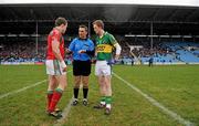 20 February 2011; Team captains Colm Cooper, Kerry, and Alan Dillon, Mayo, with referee Maurice Deegan, before the match. Allianz Football League, Division 1 Round 2, Mayo v Kerry, McHale Park, Castlebar, Co. Mayo. Picture credit: Brian Lawless / SPORTSFILE
