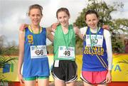 16 February 2011; Podium finishers, from left, Nicole Cuskelly, Killina SS Tullamore, third place, Ella Fennelly, Mount Anville, first place, and Deirdre Healy, Ratoath College, second place, following the Junior Girls event at the Aviva Leinster Schools Cross Country. Santry Demesne, Santry, Dublin. Picture credit: Stephen McCarthy / SPORTSFILE