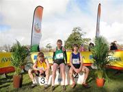 16 February 2011; Minor Boys podium finishers, from left, Jack Kyle, King's Hospital, third place, Glen Gaffney, St Mary's Mullingar, first place, and Oisin Fitzgibbon, Salesian Celbridge, third place, catch their breath following their event at the Aviva Leinster Schools Cross Country. Santry Demesne, Santry, Dublin. Picture credit: Stephen McCarthy / SPORTSFILE