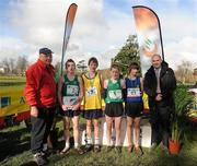 16 February 2011; Minor Boys podium finishers, from left, Adam Kelly, Colaiste Mhuire Mullingar, fourth place, Jack Kyle, King's Hospital, third place, Glen Gaffney, St Mary's Mullingar, first place, and Oisin Fitzgibbon, Salesian Celbridge, third place, with Jim Dowdall, CEO of Aviva Ireland, right, and Fr. Ailibe O'Murchu OFM, President of the Leinster Schools' Athletics Union, following their event at the Aviva Leinster Schools Cross Country. Santry Demesne, Santry, Dublin. Picture credit: Stephen McCarthy / SPORTSFILE